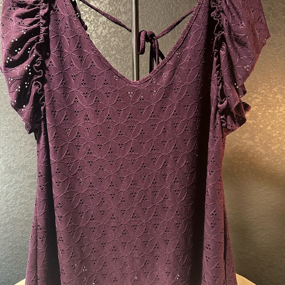 Perseption Purple Flutter Sleeve Ruffled Blouse